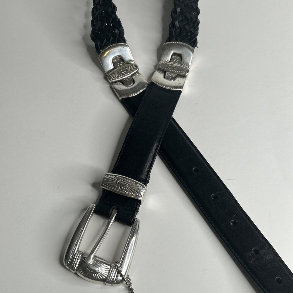 Woolrich Belt Womens Small Black Leather Braided Western Silvertone Hardware 1" - Picture 4 of 10